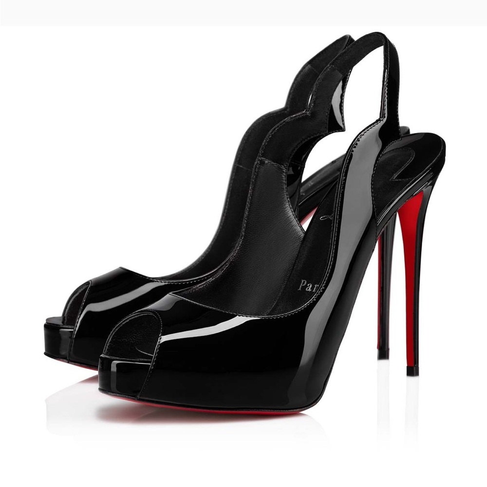 NEW! Christian Louboutin HOT CHICK Sling back Alta 120mm Black Patent Heels - 38
